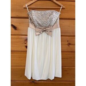 Jessica McClintock For Sax Gold, Cream, Gold Sequin Accent Strapless Dress. Sz 7